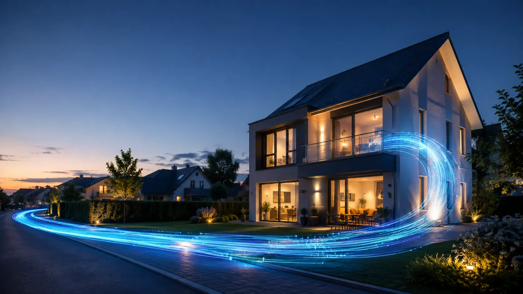 Modernes Wohnhaus mit Glasfaseranschluss und leuchtender Datenverbindung