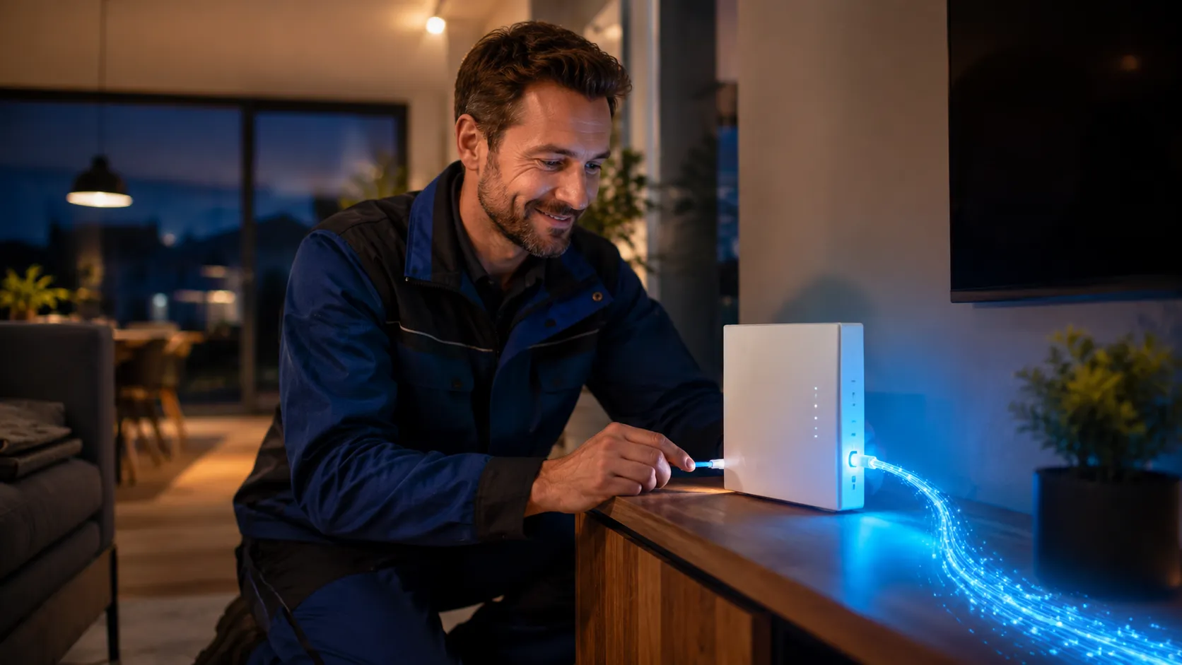 Techniker richtet einen Glasfaseranschluss und Router in einem modernen Zuhause ein