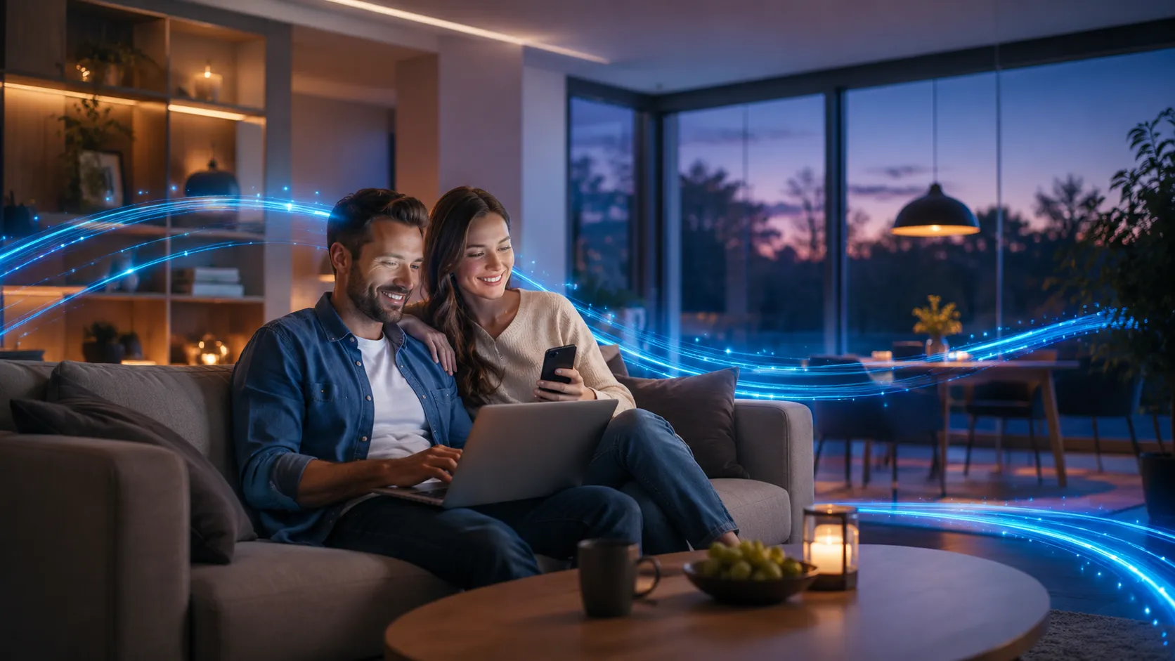 Paar nutzt zuhause Glasfaser-Internet für Laptop, Smartphone, Streaming und Home-Office
